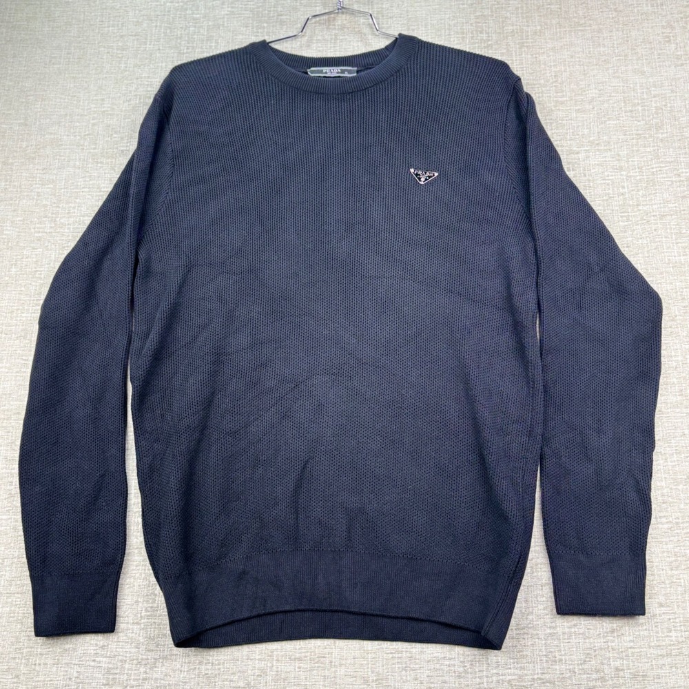 Prada Milano Navy Blue Cotton Textured Knit Triangle Logo Sweater 16S 7334 651